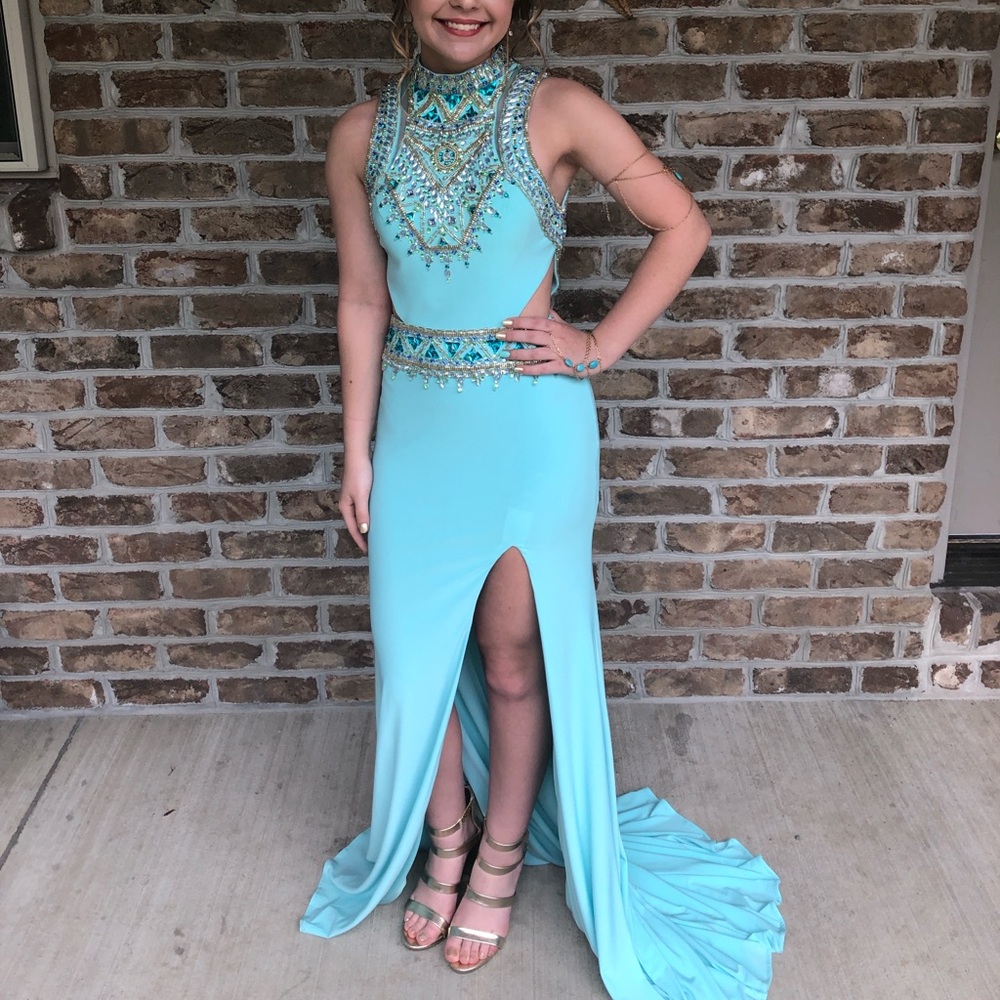 Rachel Allan Aqua Embellished Halter Neck Prom Dress with Cutouts and Leg Slit